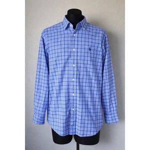 Polo Ralph Lauren Plaid Button Down Shirt Blue White Mens 16 Medium Easy Care